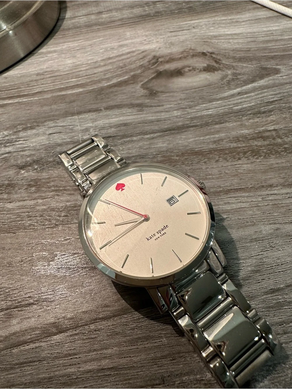 kate spade Silver-Tone Bracelet Watch with Ivory Dial and Pink Accent